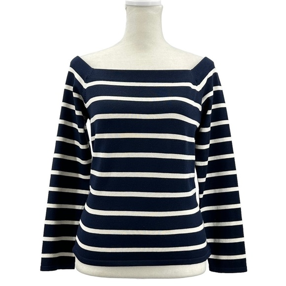 LAUREN RALPH LAUREN Navy Blue & White Striped Silk Blend Sweater Size Medium - Picture 1 of 5